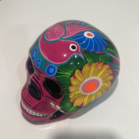 Day of the Dead Pink/Black/Yellow Flower/Birds Ceramic SKULL Art Decor - Picture 4 of 5